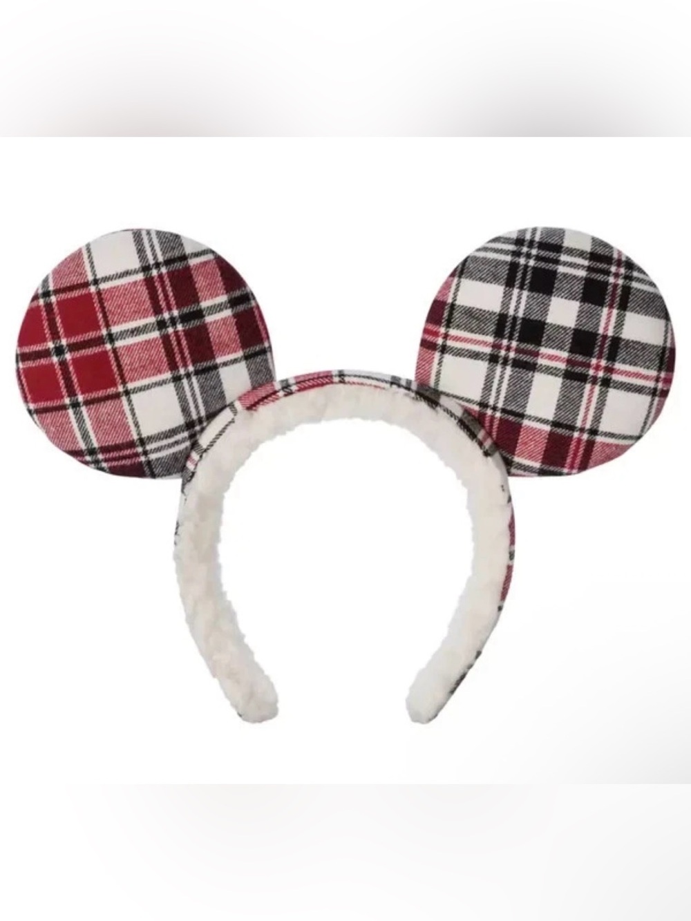 Disney Parks Plaid & Sherpa Mickey Mouse Ear Headband in Red, Black, White